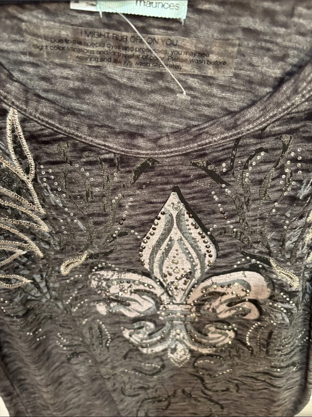 NWOT Maurice’s Women's Gray Embellished Fleur-de-Lis Tee M bling